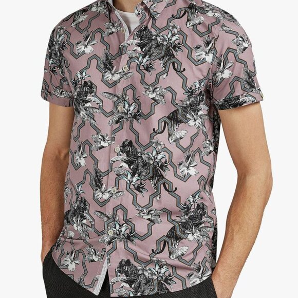 Ted Baker London Men's Stefan Tiger Mash Up Slim Fit Short Sleeve Shirt 6/XXL - Picture 1 of 10